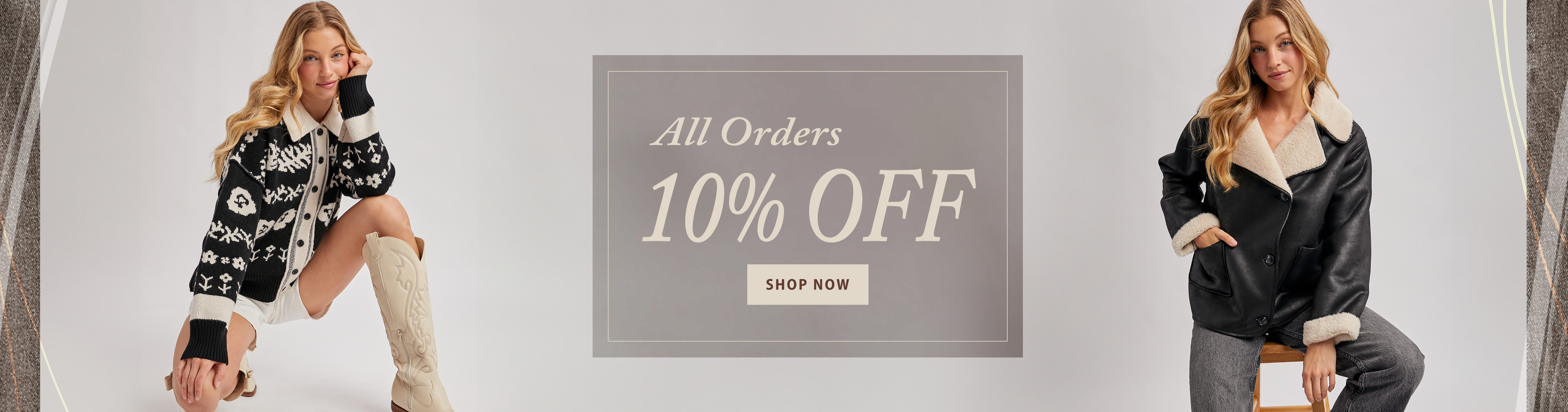 Homepage banner featuring clothing promotions, new arrivals, and special offers.