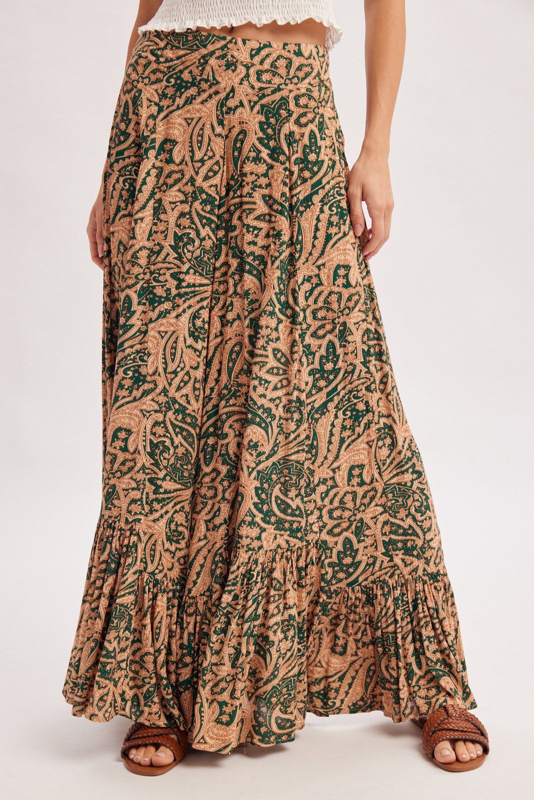 PAISLEY PRINT WIDE RUFFLED PANTS, Contents:100%RAYON