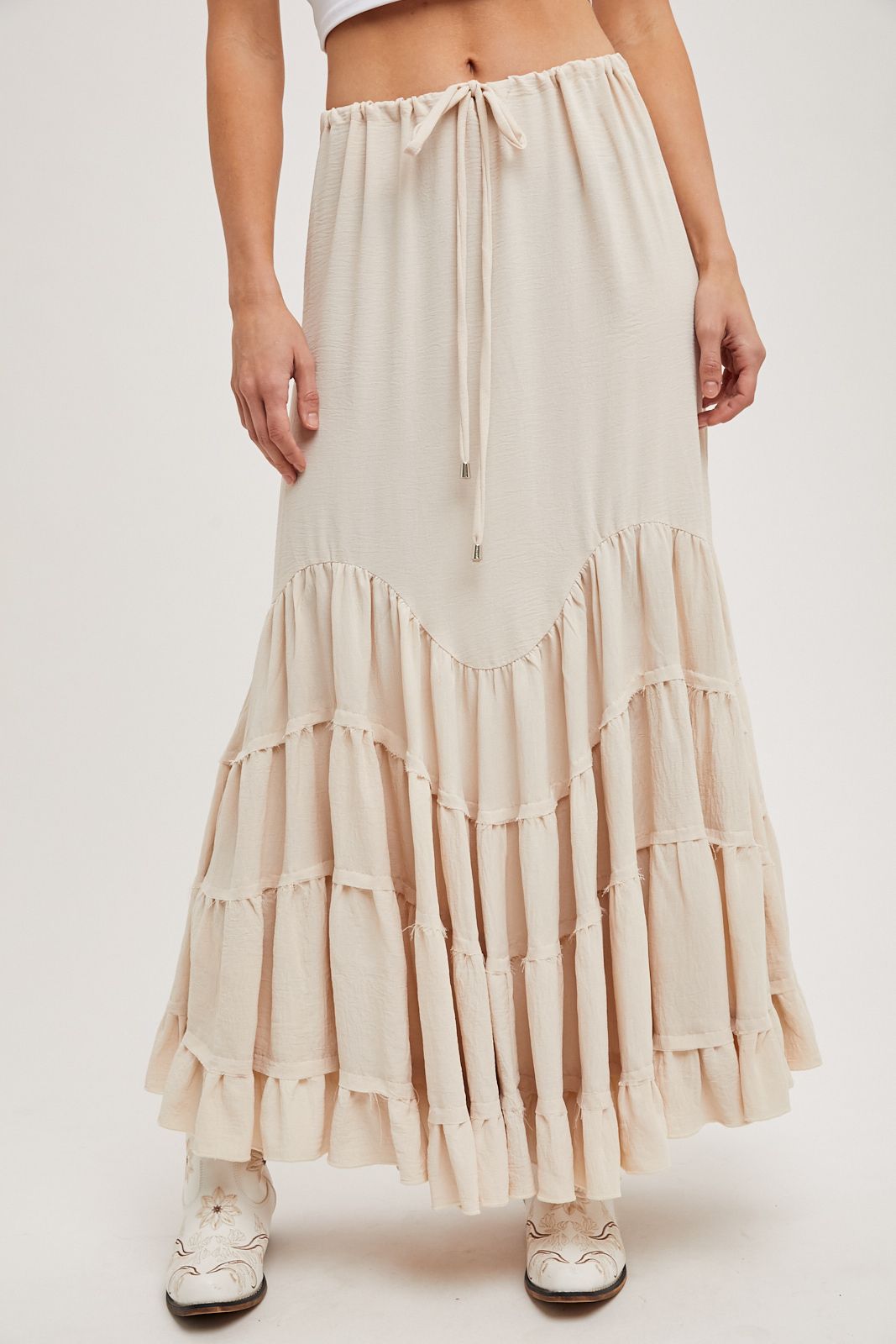 RUFFLED DRAWSTRING WASIT MAXI SKIRT WITH LINING, Contents:100%POLYESTER