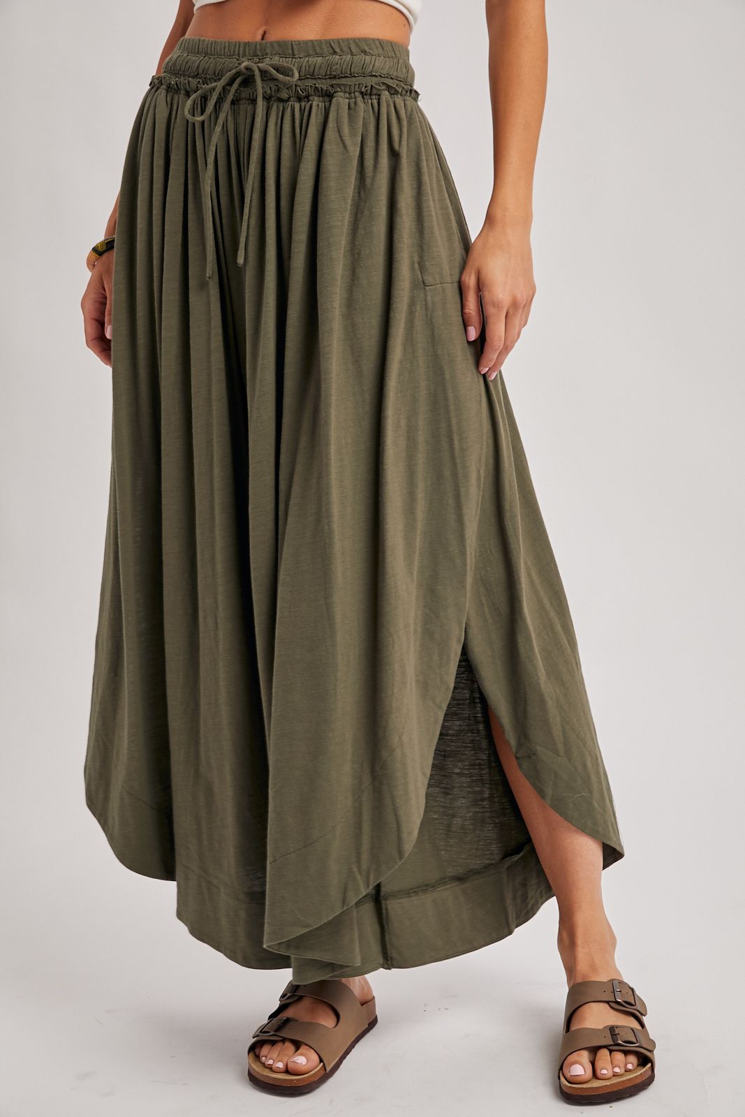 WIDE LEG PANTS WITH ROUNDED HEM AND SPLIT SIDES, Contents:100%COTTON