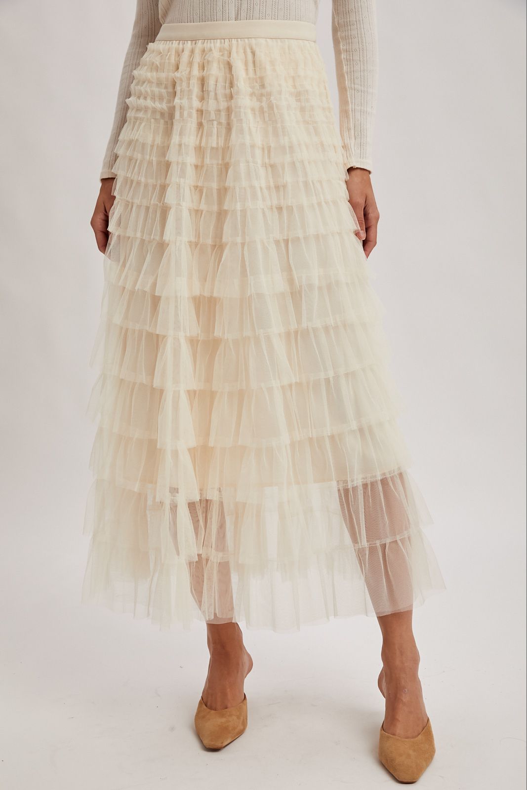 RUFFLED TULLE MIDI SKIRT, Contents:100%POLYESTER