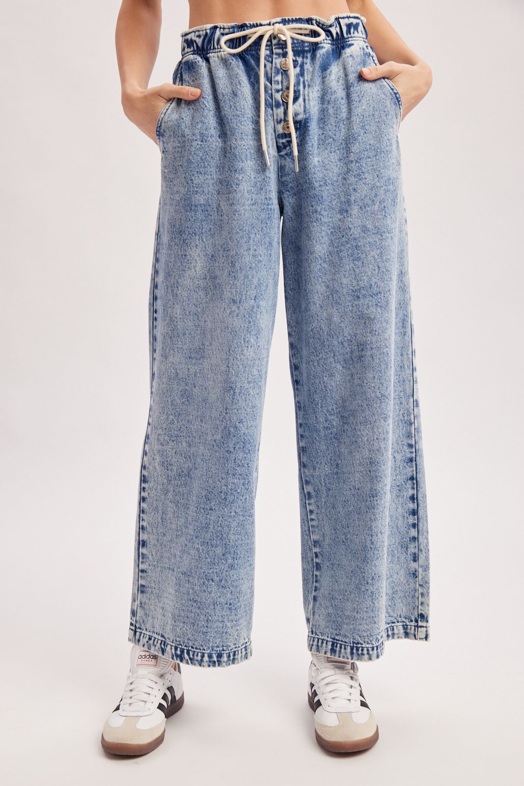 DENIM PAPERBAG-STYLE DRAWSTRING WIDE LEG JEANS, Contents:100%COTTON