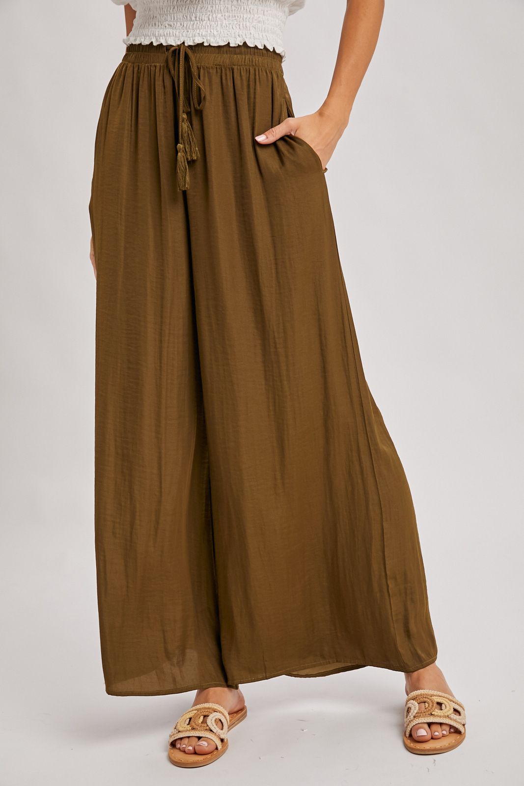 SILKY PALAZZO WIDE LEG PANTS, Contents:100%POLYESTER