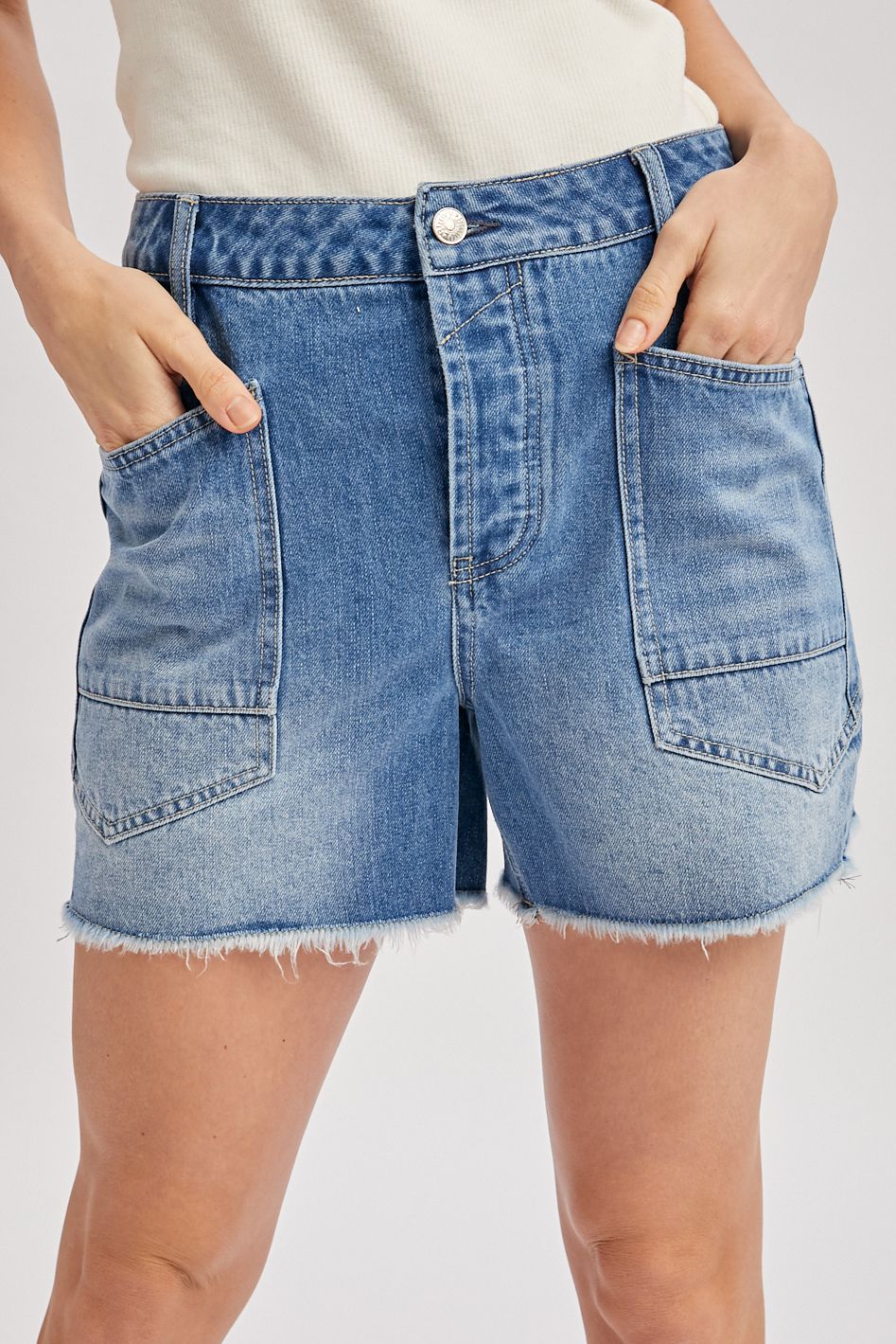 DENIM PATCH POCKET BARREL SHORTS, Contents:80%COTTON, 11%POLYESTER, 9%VICOSE