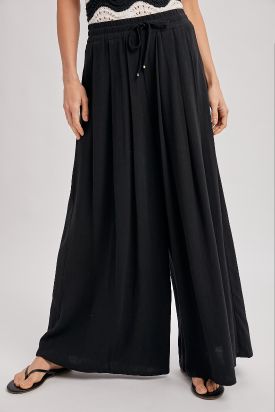 DRAWSTRING WAIST WIDE LEG PALAZZO PANTS, Contents:70%RAYON, 30%LINEN