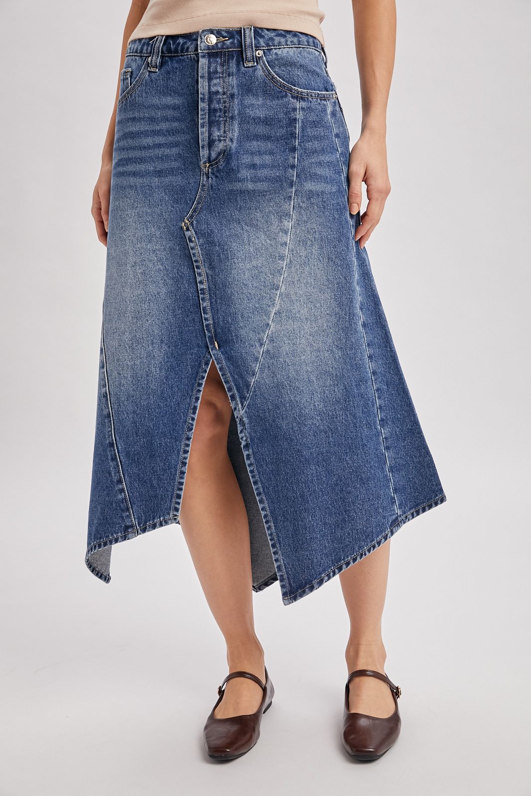 ASYMMETRICAL DENIM MIDI SKIRT, Contents:90%COTTON, 10%VISCOSE