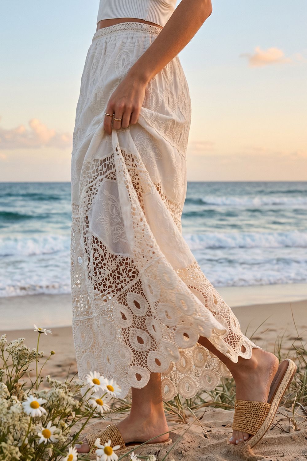 BOHO CROCHET MAXI SKIRT WITH LINING, Contents:100%COTTON