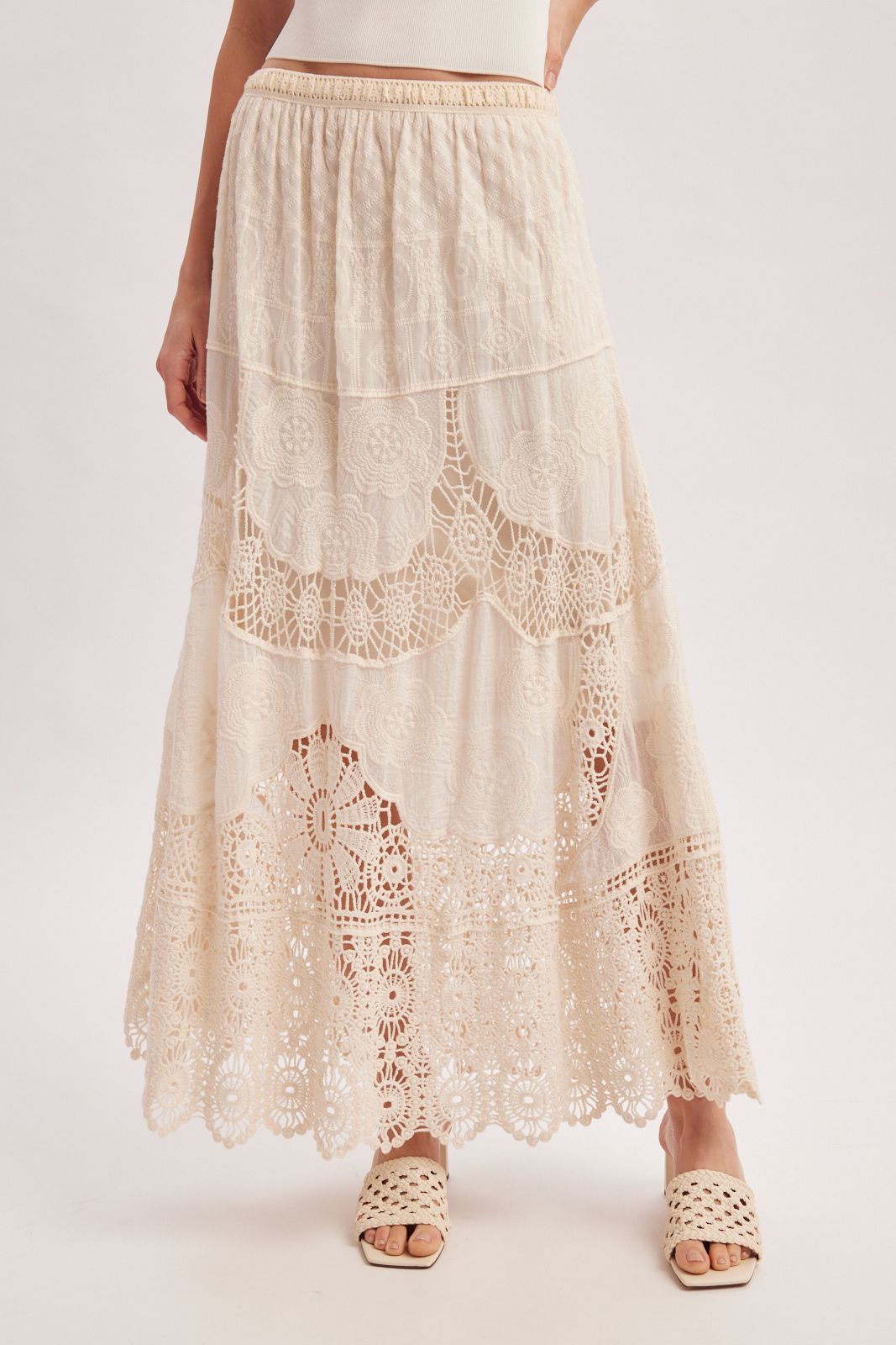 BOHO SHEER LACE MAXI SKIRT WITH LINING, Contents:80%COTTON, 20%POLYESTER