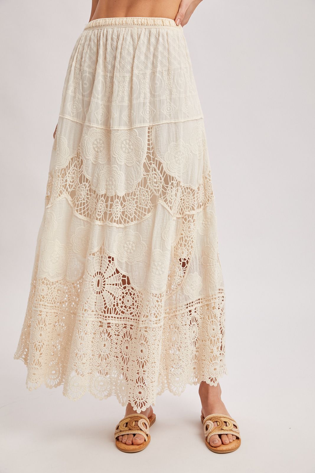 BOHO SHEER LACE MAXI SKIRT WITH LINING, Contents:80%COTTON, 20%POLYESTER