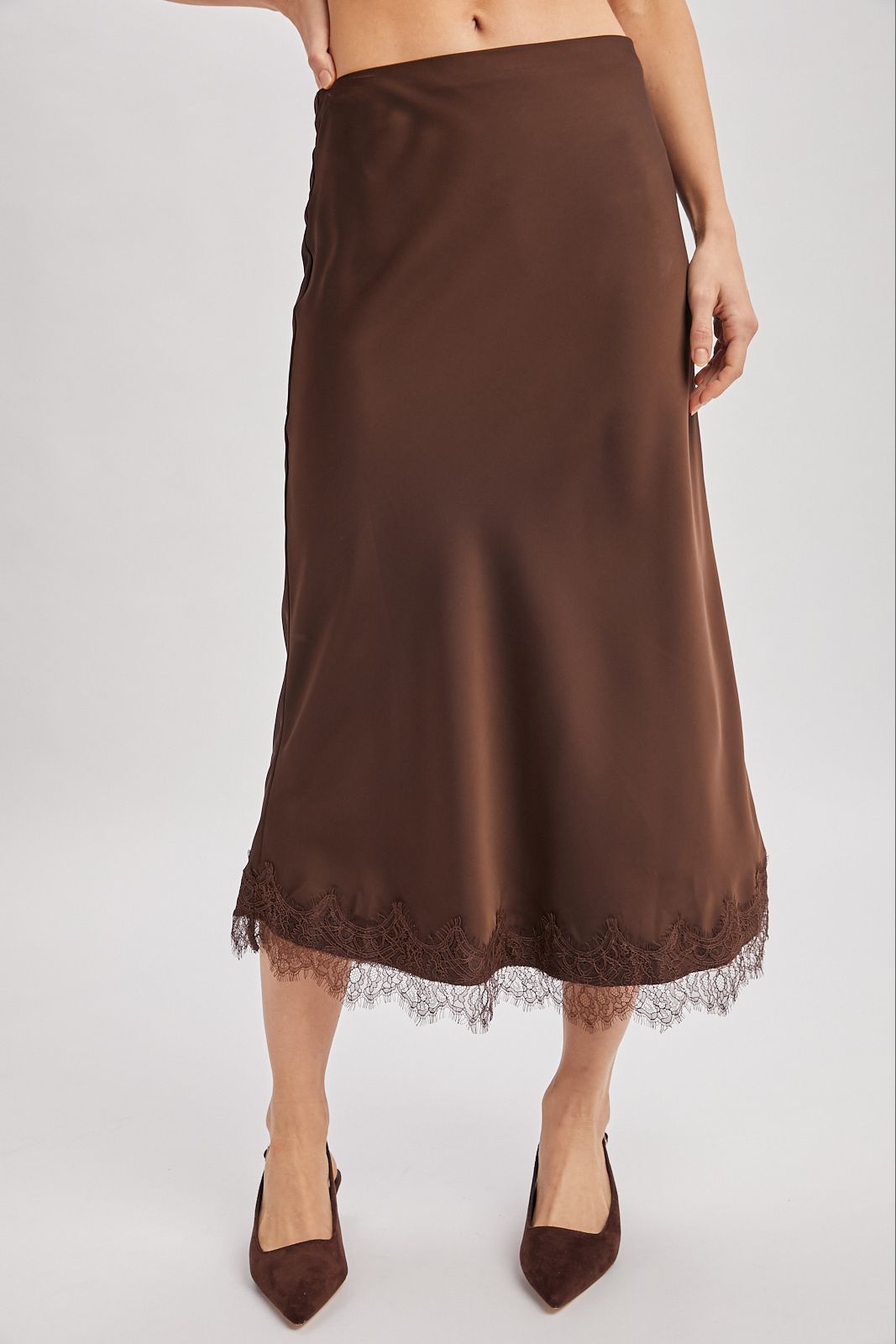 SATIN LACE TRIMMED MIDI SKIRT, Contents:100%POLYESTER