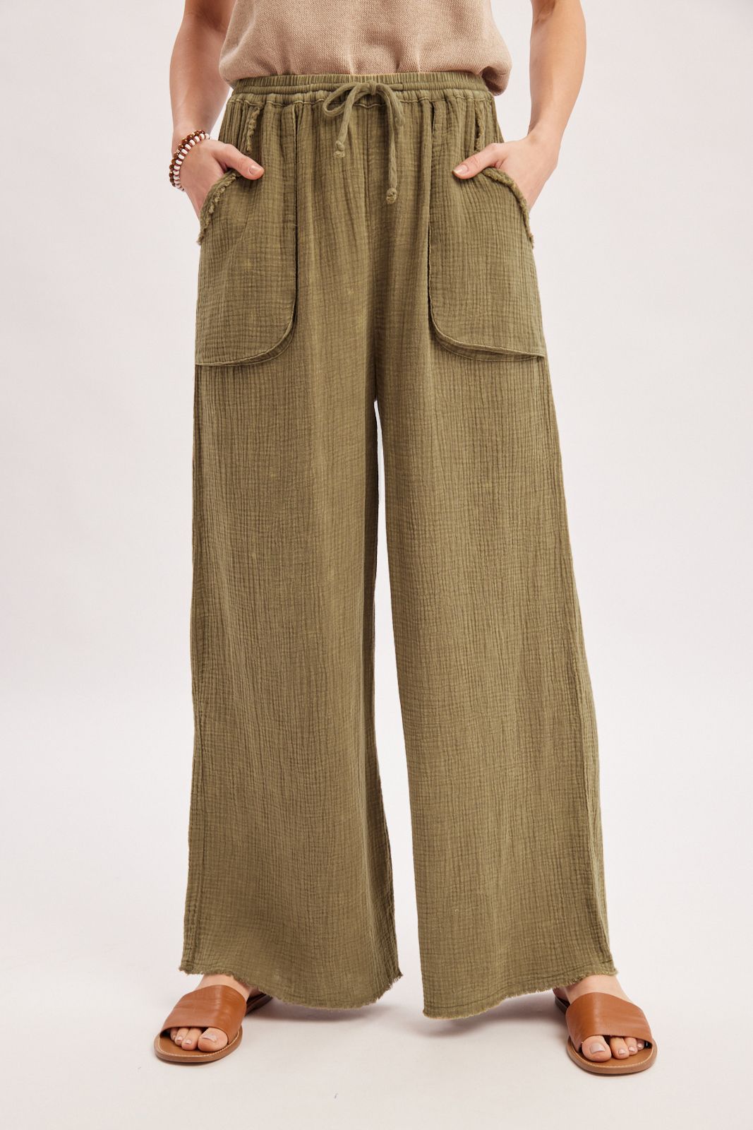 CRINKLED GAUZE WIDE-LEG PANTS, Contents:100%COTTON