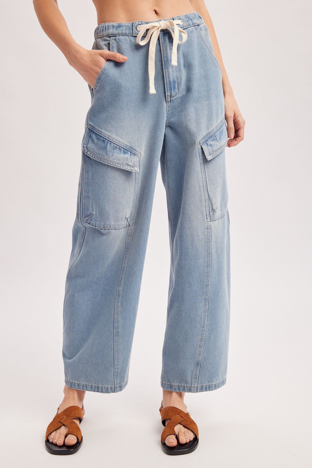 DENIM CARGO DRAWSTRING BARREL JEANS, Contents:80%COTTON, 20%POLYESTER