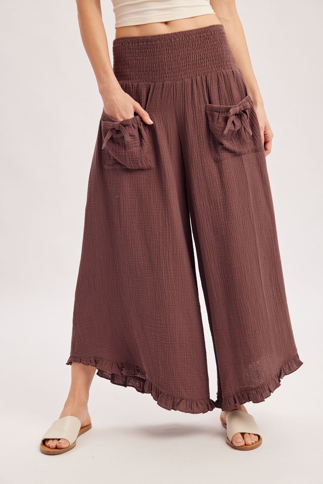 SMOCKED WAISTBAND RUFFLE TRIM WIDE LEG PANTS, Contents:100%COTTON