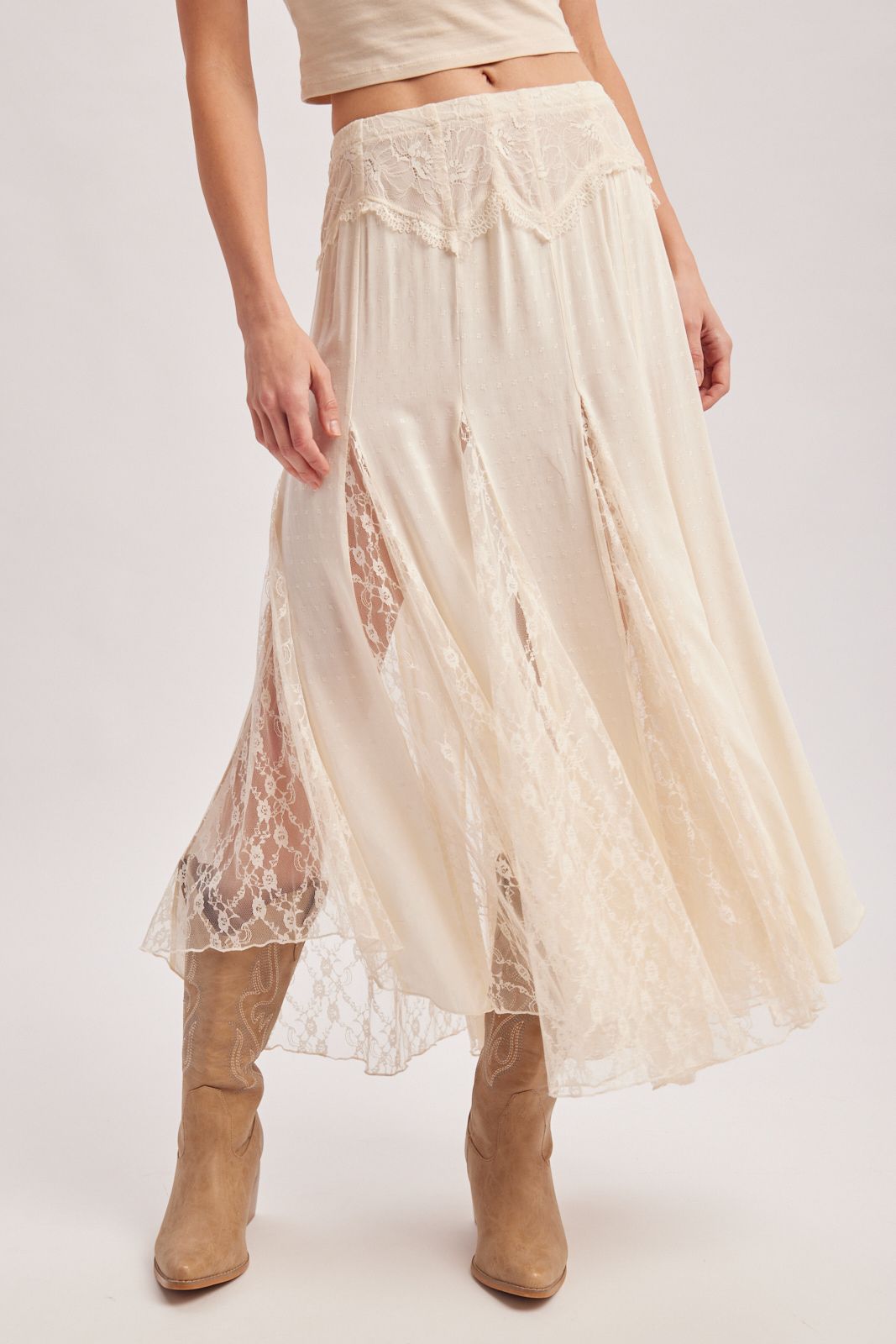 BOHO FLOWY LACE MAXI SKIRT WITH NO LINING, Contents:100%RAYON