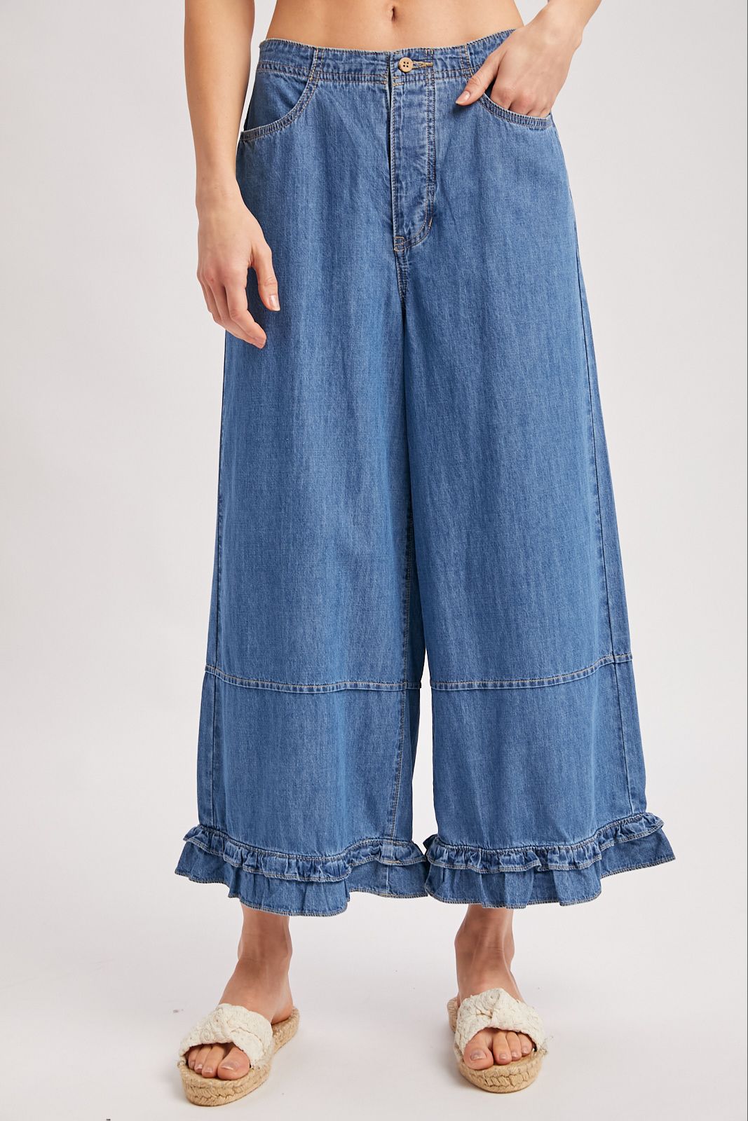 DENIM WIDE-LEG RUFFLED HEM BLOOMER JEANS, Contents:100%COTTON