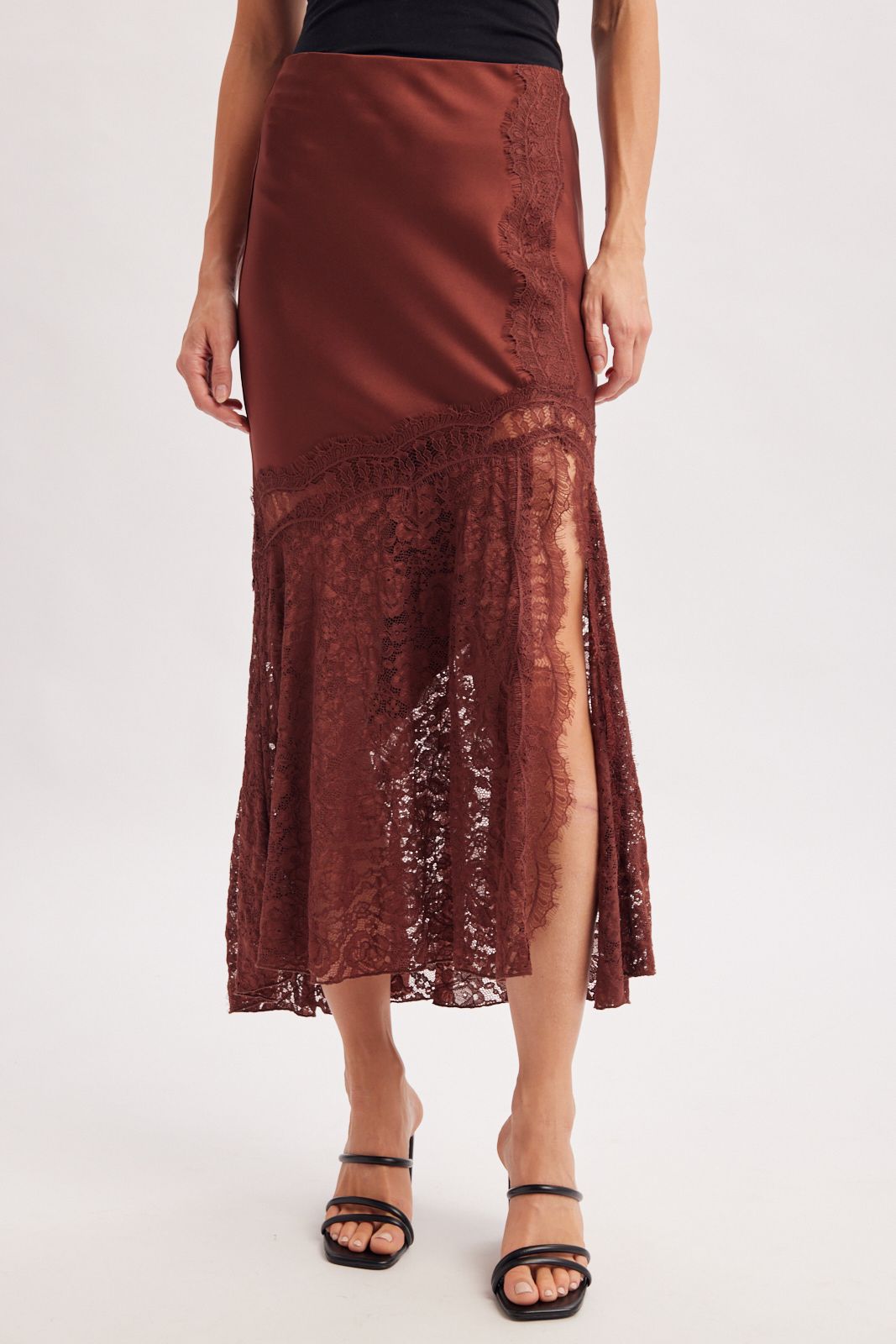 ROMANTIC SATIN LACE TRIMMED SPLIT MIDI SKIRT, Contents:100%POLYESTER