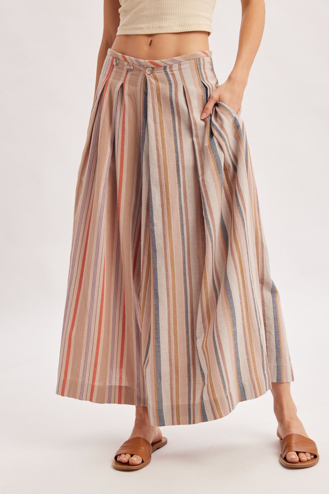 MULTI-STRIPE PLEATED FRONT WIDE-LEG PANTS, Contents:100%COTTON