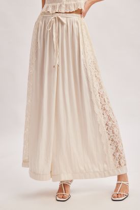 BOHO LACE TRIMMED SATIN WIDE-LEG PANTS, Contents:100%POLYESTER