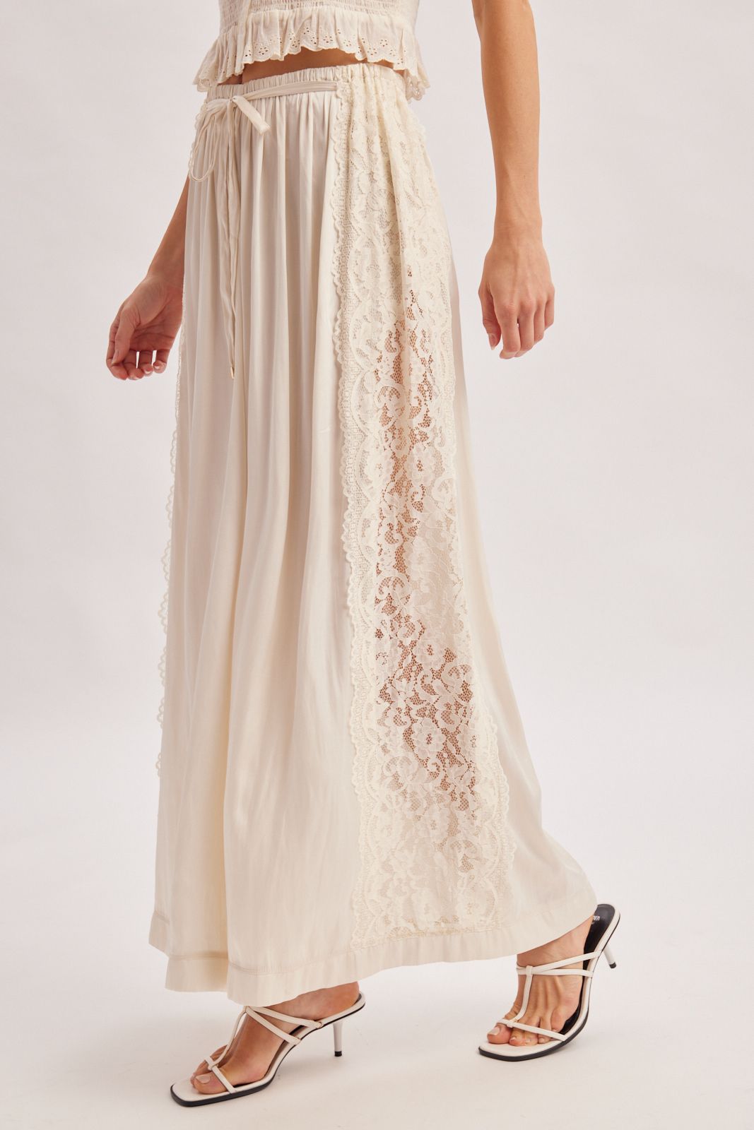 BOHO LACE TRIMMED SATIN WIDE-LEG PANTS, Contents:100%POLYESTER