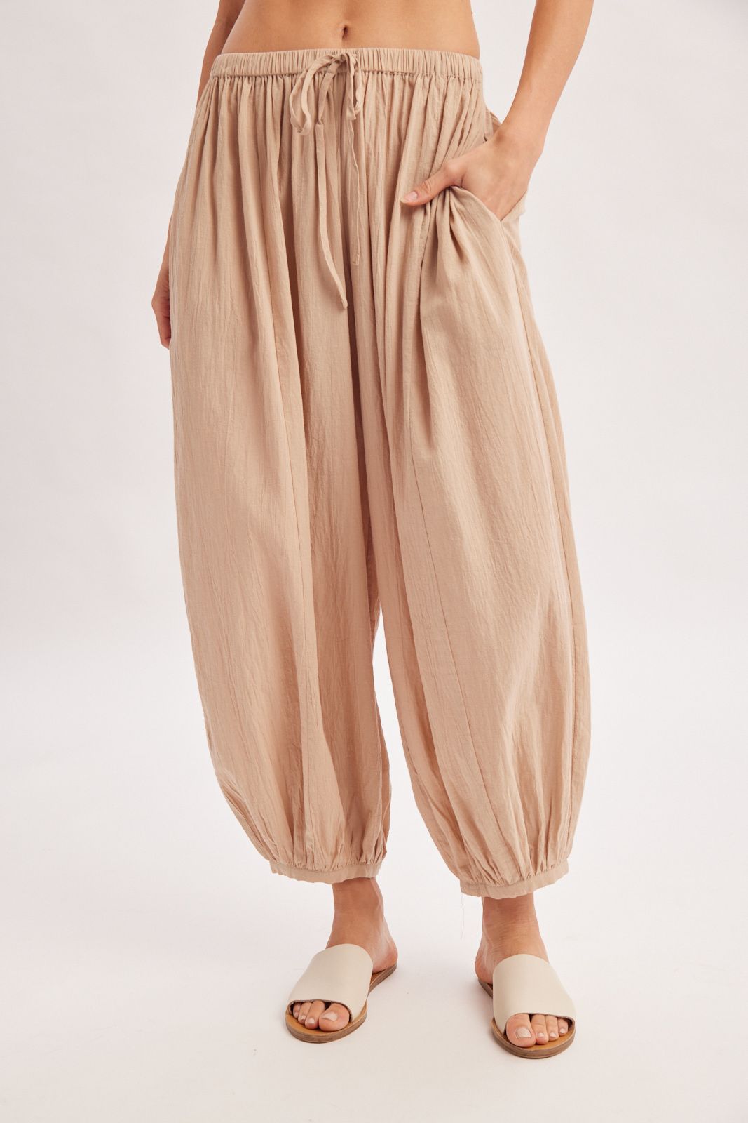 BOHO DRAWSTRING BALLOON PANTS, Contents:100%COTTON