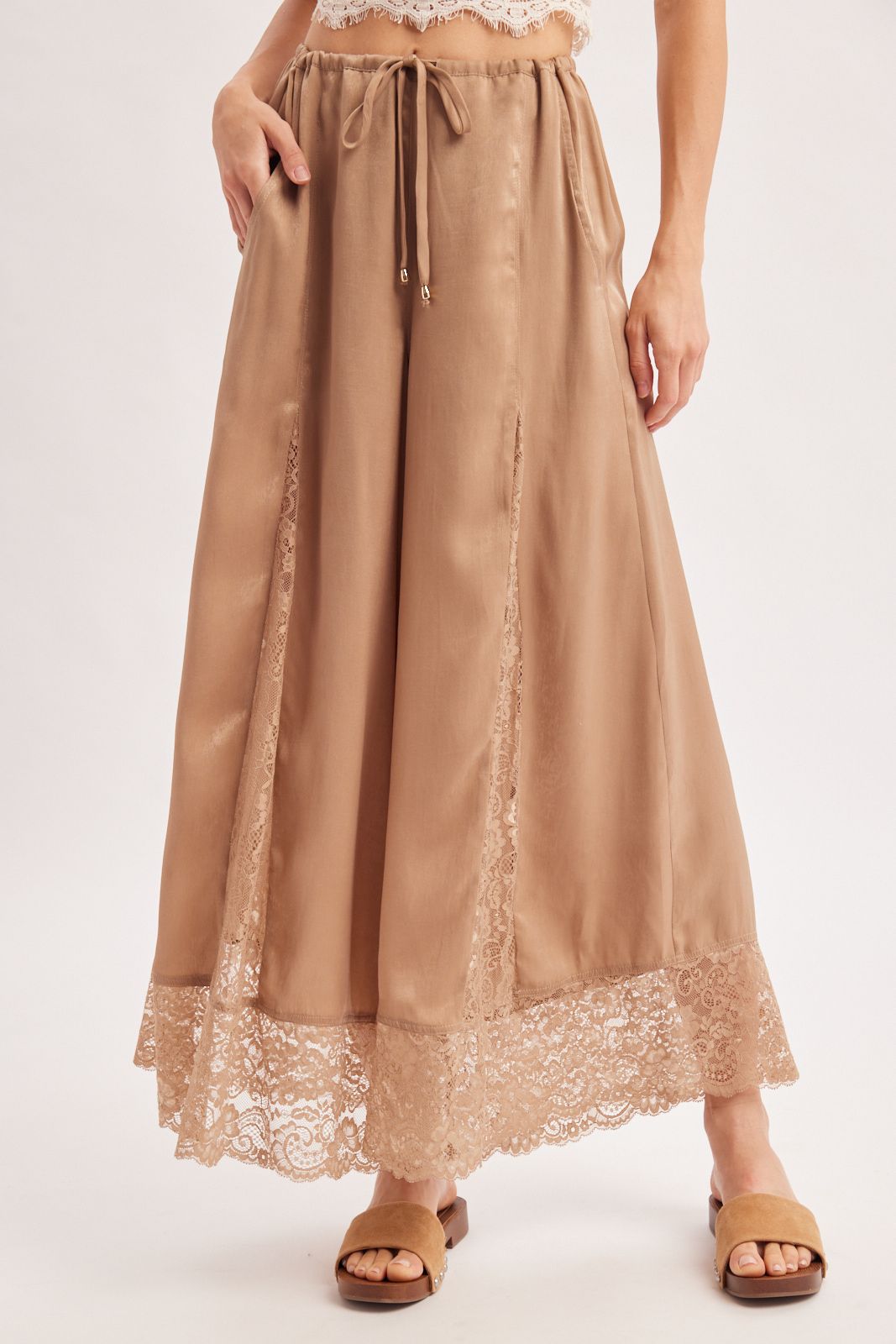 SATIN LACE TRIMMED DRAWSTRING PALAZZO PANTS, Contents:100%POLYESTER