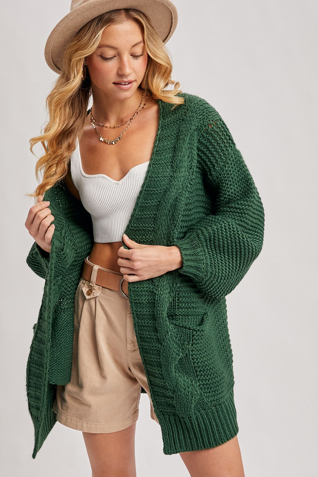 CHUNKY CABLE LANTERN SLEEVE CARDIGAN, Contents:100%ACRYLIC