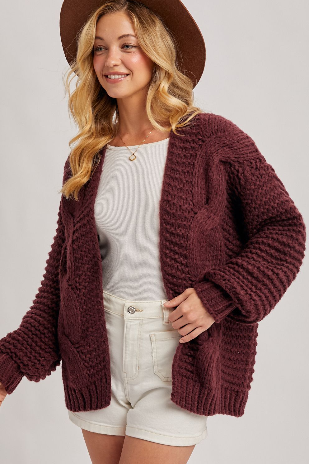 CHUNKY CABLE CARDIGAN, Contents:100%POLYESTER