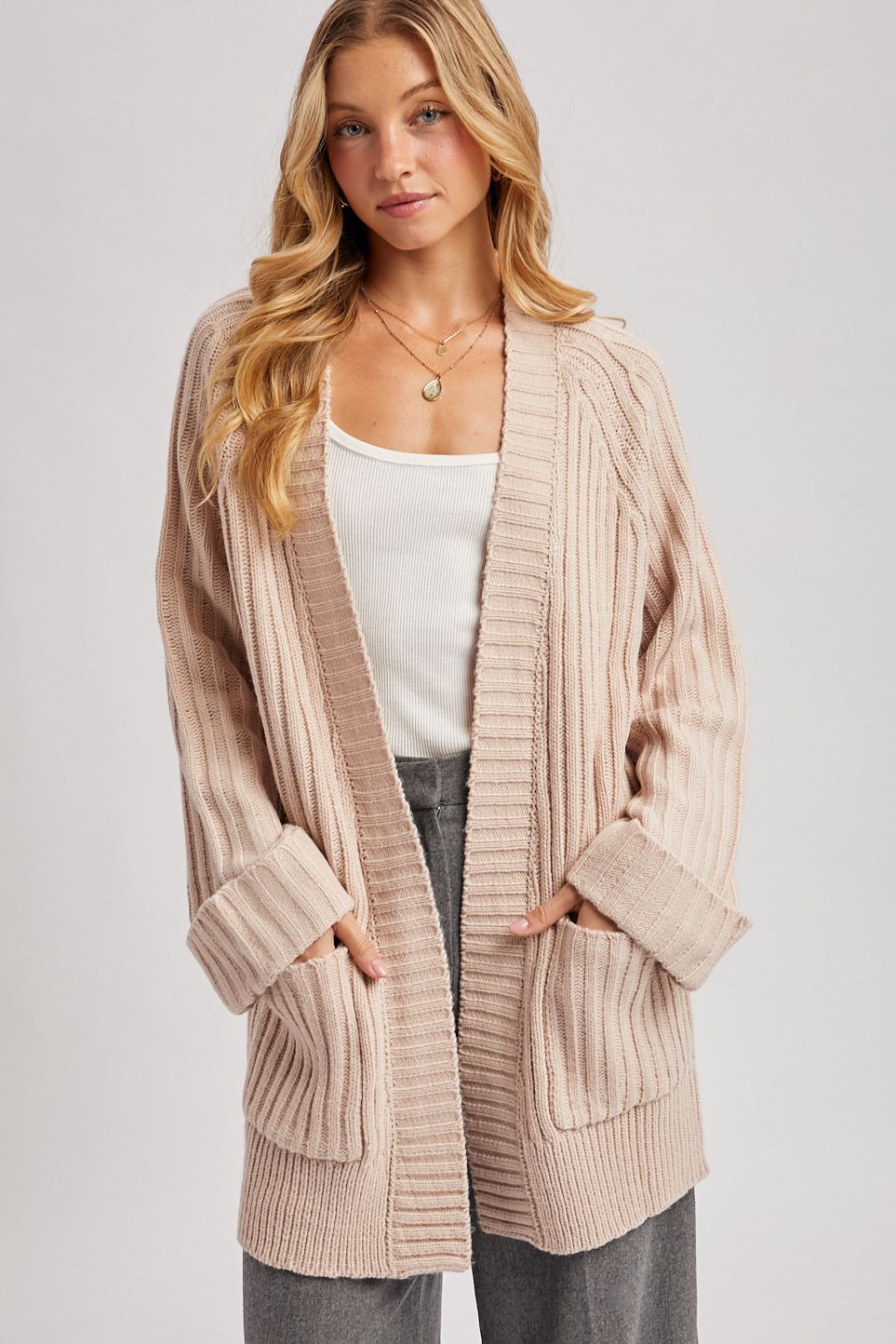OPEN FORNT LONG LINE KNIT SWEATER CARDIGAN, Contents:100%ACRYLIC