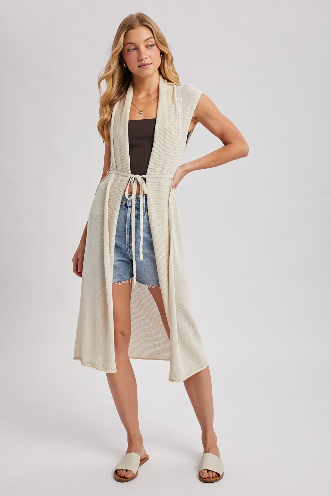 SHEER LONG LINE SLEEVELESS VEST BELTED CARDIGAN, Contents:80%COTTON, 20%NYLON