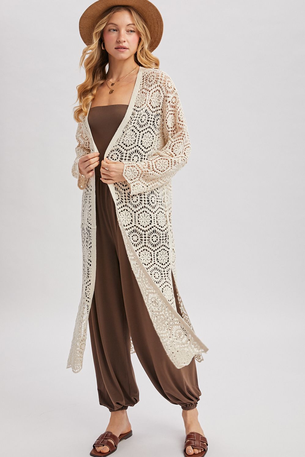 BOHO LONG LINE SIDE SLIT CROCHET CARDIGAN, Contents:100%COTTON
