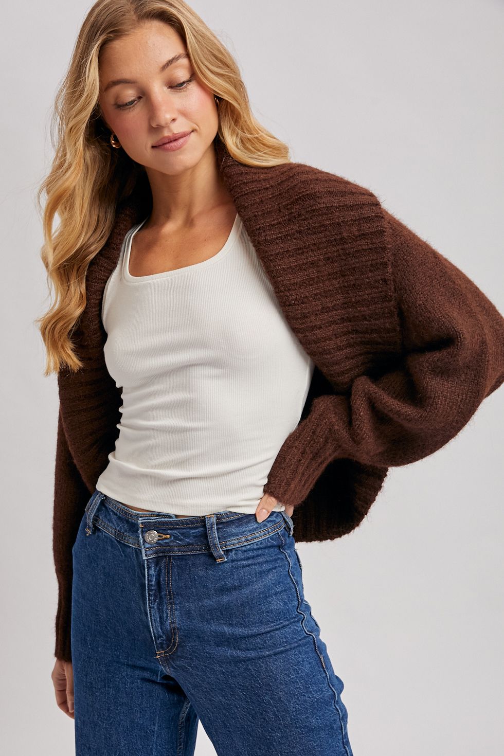 CROPPED CHUNCKY KNIT SWEATER SHRUG, Contents:70%POLYESTER, 21%NYLON, 8%WOOL, 1%SPANDEX