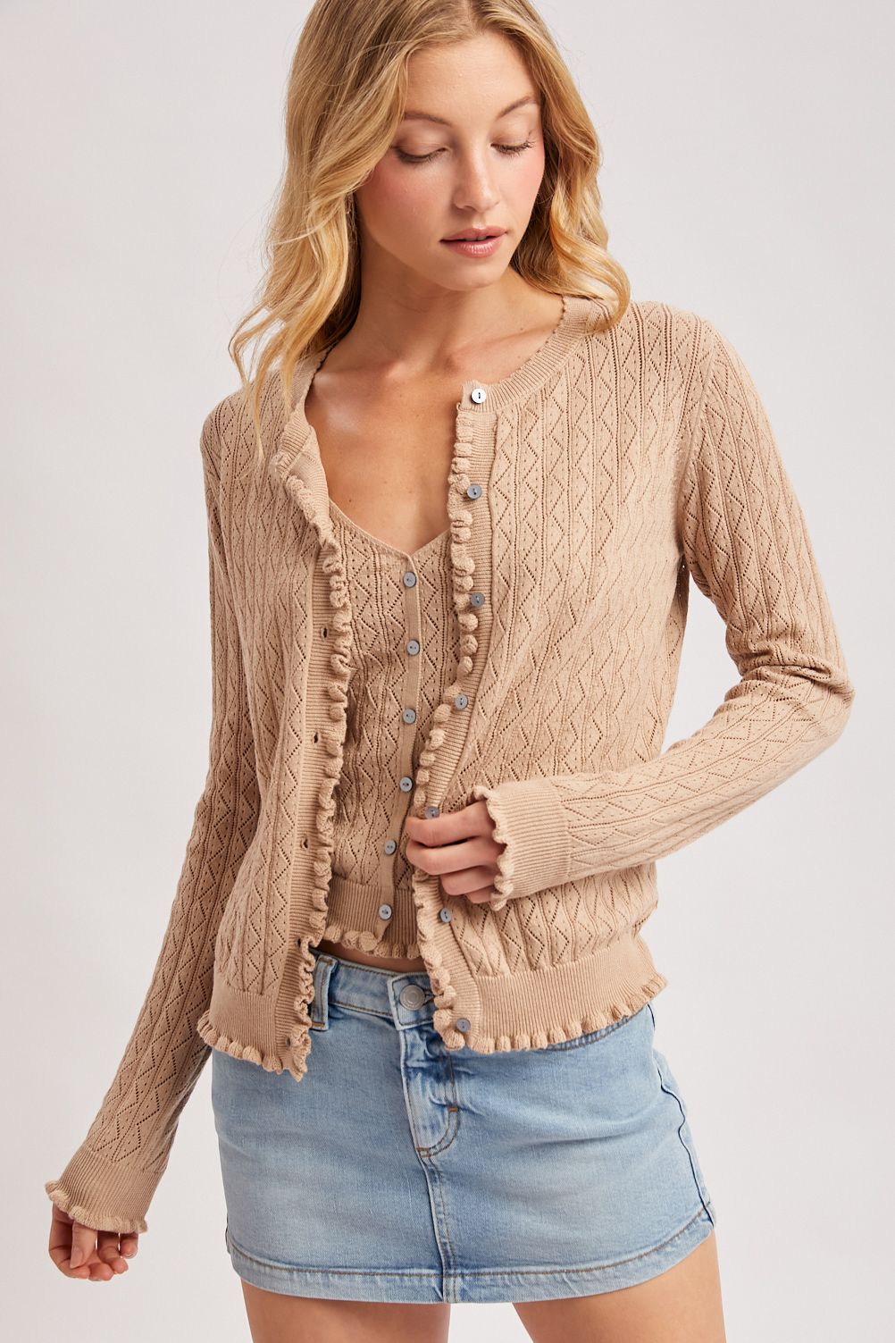 BUTTON DOWN POINTELLE KNIT RUFFLED HEM CARDIGAN, Contents:100%COTTON