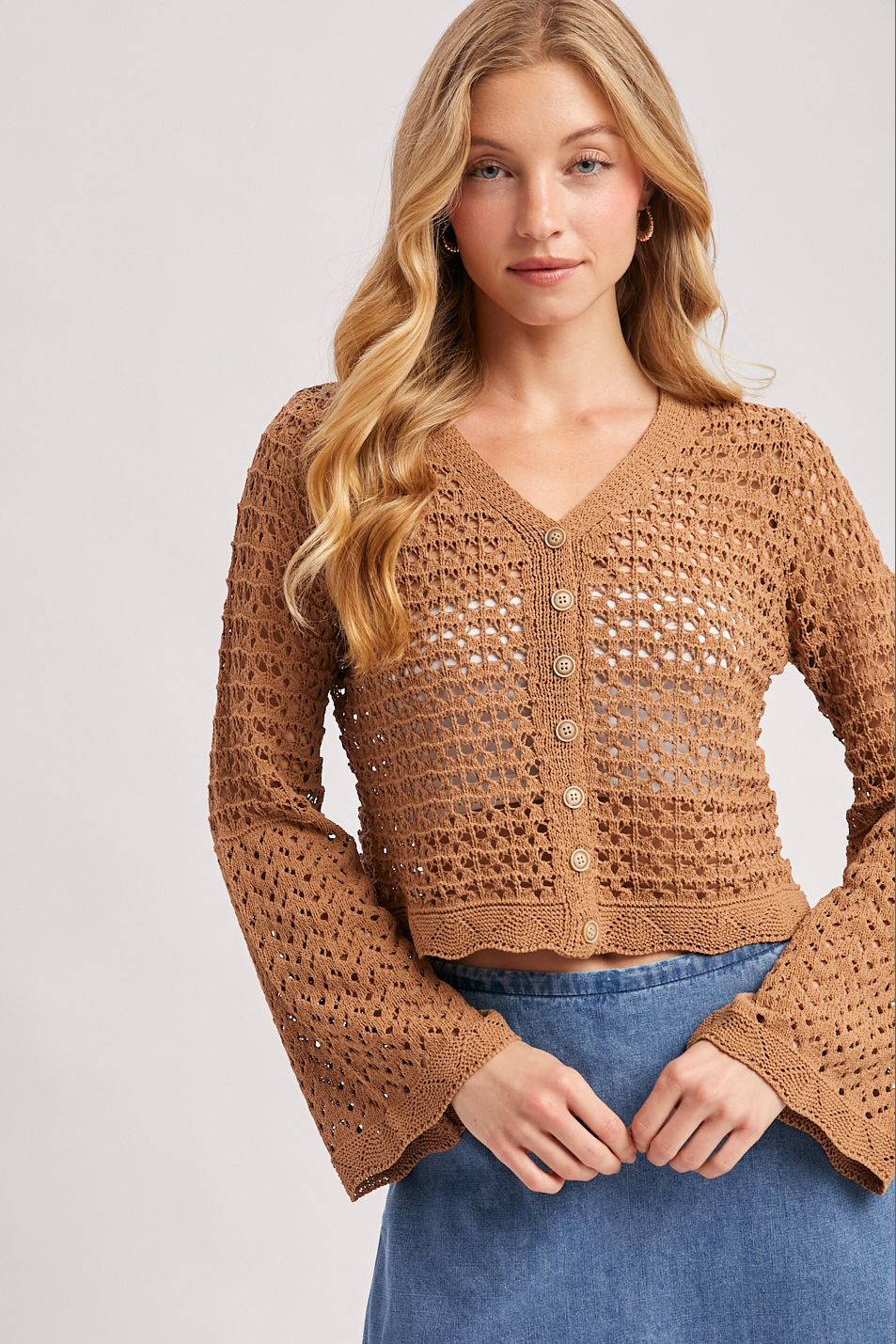 BUTTON DOWN OPEN-KNIT CROCHET CARDIGAN, Contents:100%POLYESTER