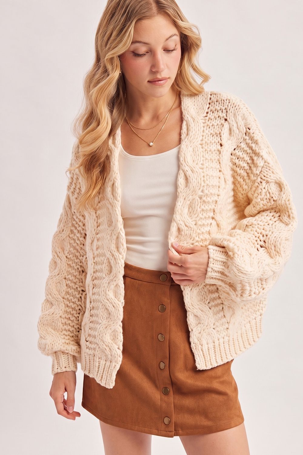 OPEN FRONT CHUNKY CABLE KNIT SWEATER CARDIGAN, Contents:100%POLYESTER