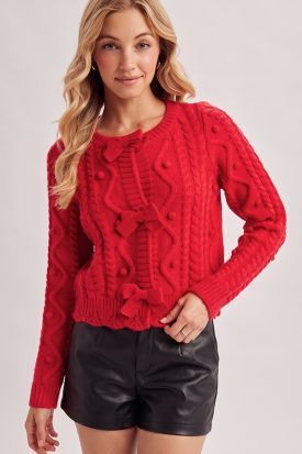 BOW SNAP-FRONT SCALLOPED HEM CABLE KNIT SWEATER CARDIGAN, Contents:40%ACRYLIC, 30%POLYESTER, 30%NYLON