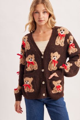 SWEET TEDDY BEAR 3D BOW KNIT SWEATER CARDIGAN, Contents:74%ACRYLIC, 22%POLYESTER, 4%SPANDEX