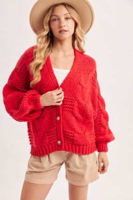 BUTTON DOWN BUBBLE SLEEVED CABLE CHUNKY KNIT SWEATER CARDIGAN, Contents:100%POLYESTER