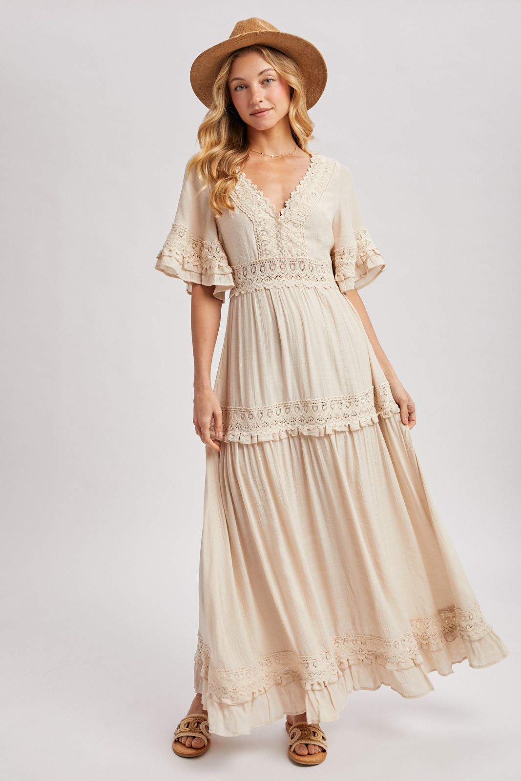 V-NECK LACE TRIM MAXI DRESS, Contents:65%RAYON,35%POLYESTER