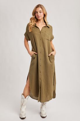 BUTTON UP MAXI SHIRT DRESS WITH POCKET, Contents:100%COTTON