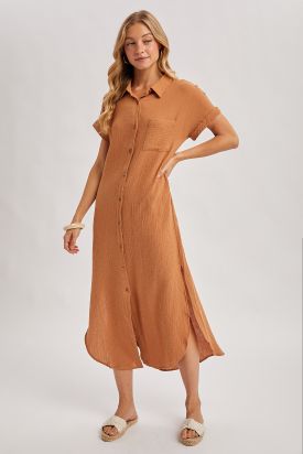 BUTTON UP MAXI SHIRT DRESS WITH POCKET, Contents:100%COTTON