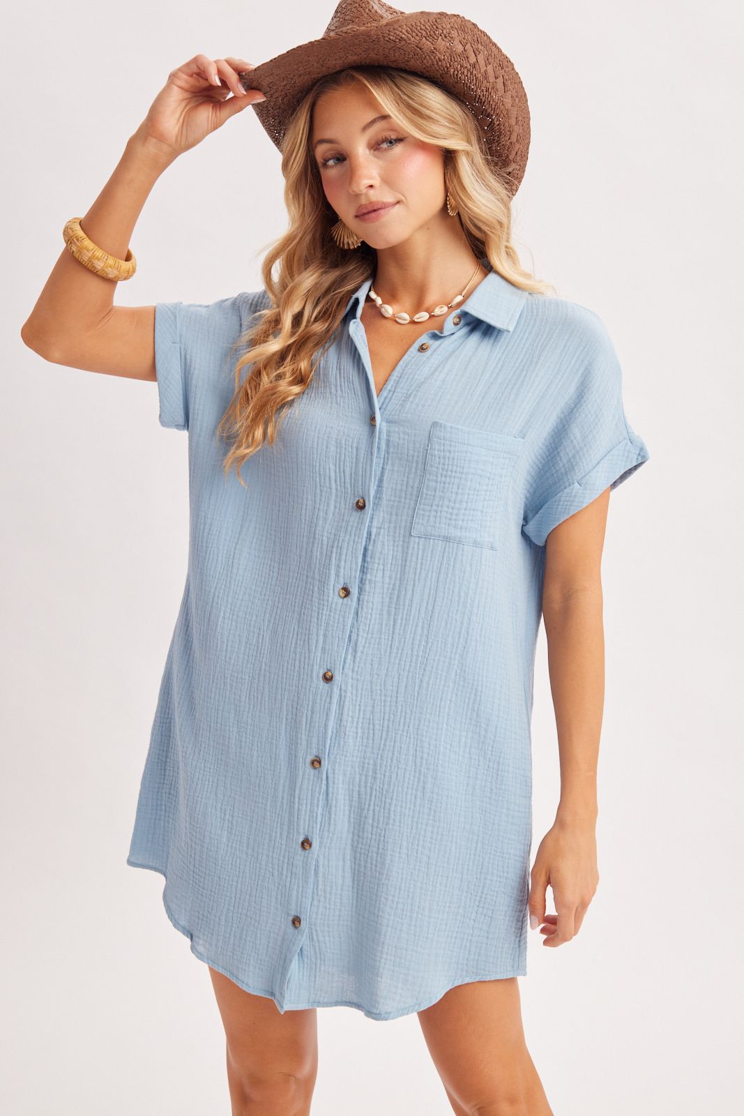 BUTTON UP SHIRT DRESS WITH POCKET, Contents:100%COTTON