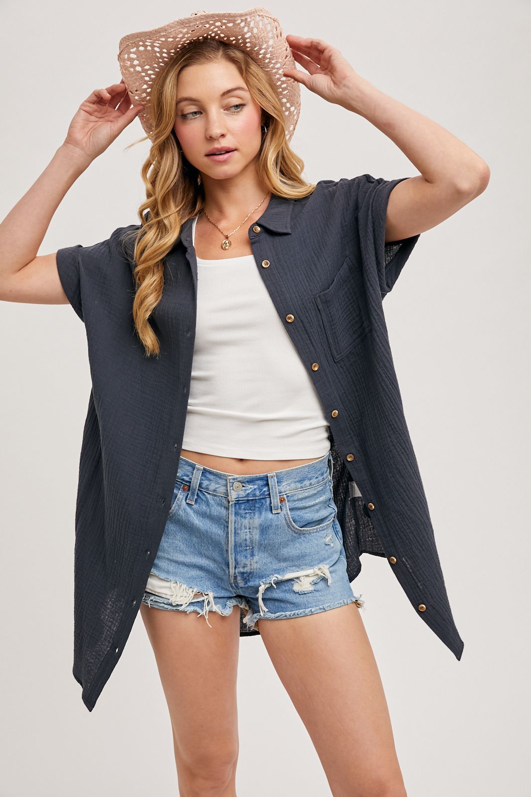 BUTTON UP SHIRT DRESS WITH POCKET, Contents:100%COTTON