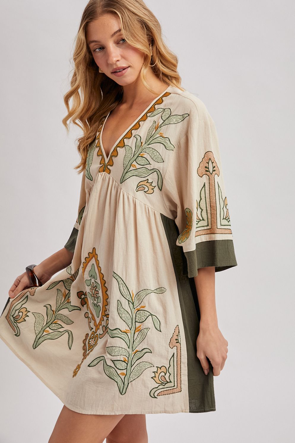 BOHO EMBROIDERED BABYDOLL DRESS, Contents:100%COTTON