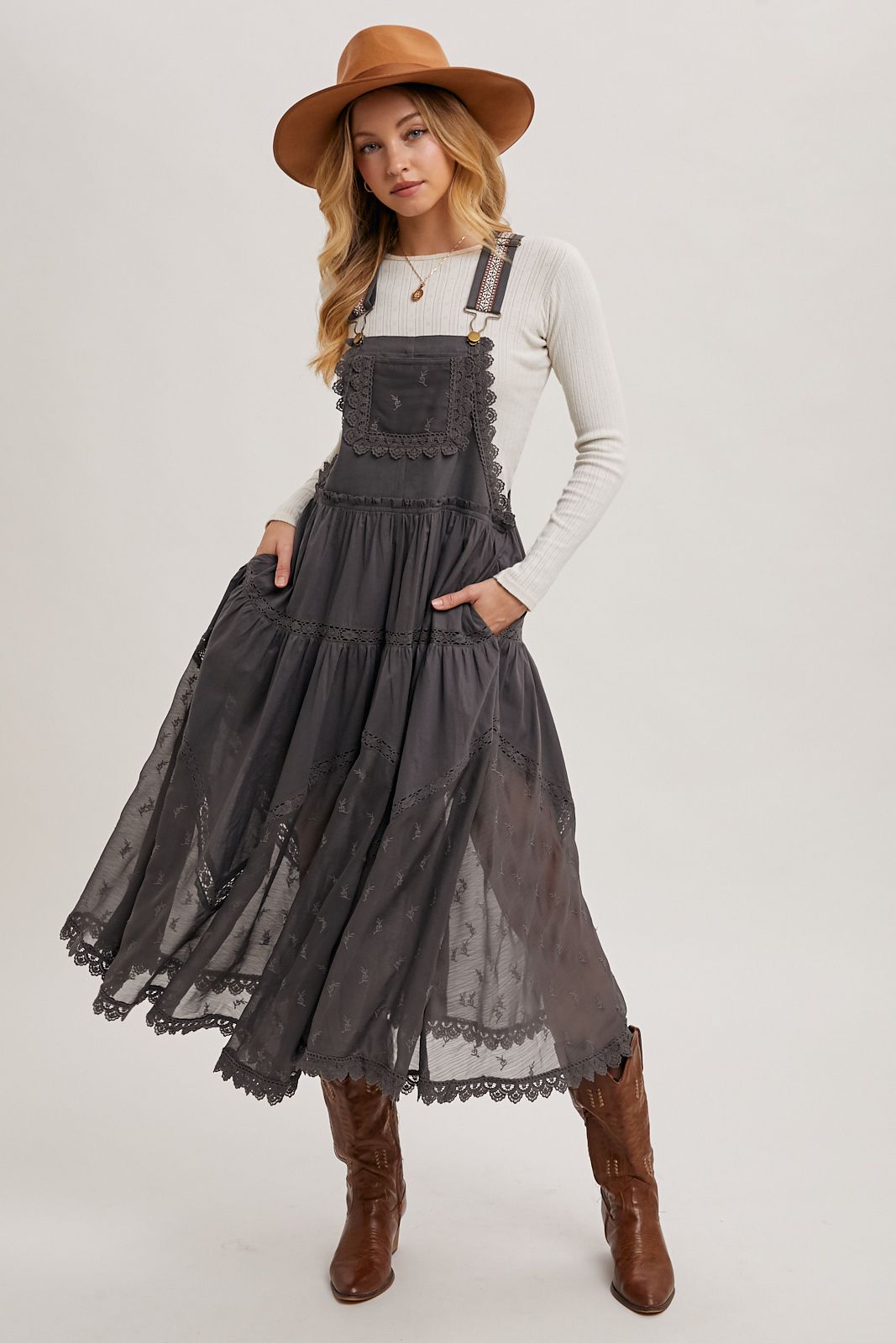 LACE EMBROIDERED TULLE BIB MAXI DRESS, Contents:100%COTTON