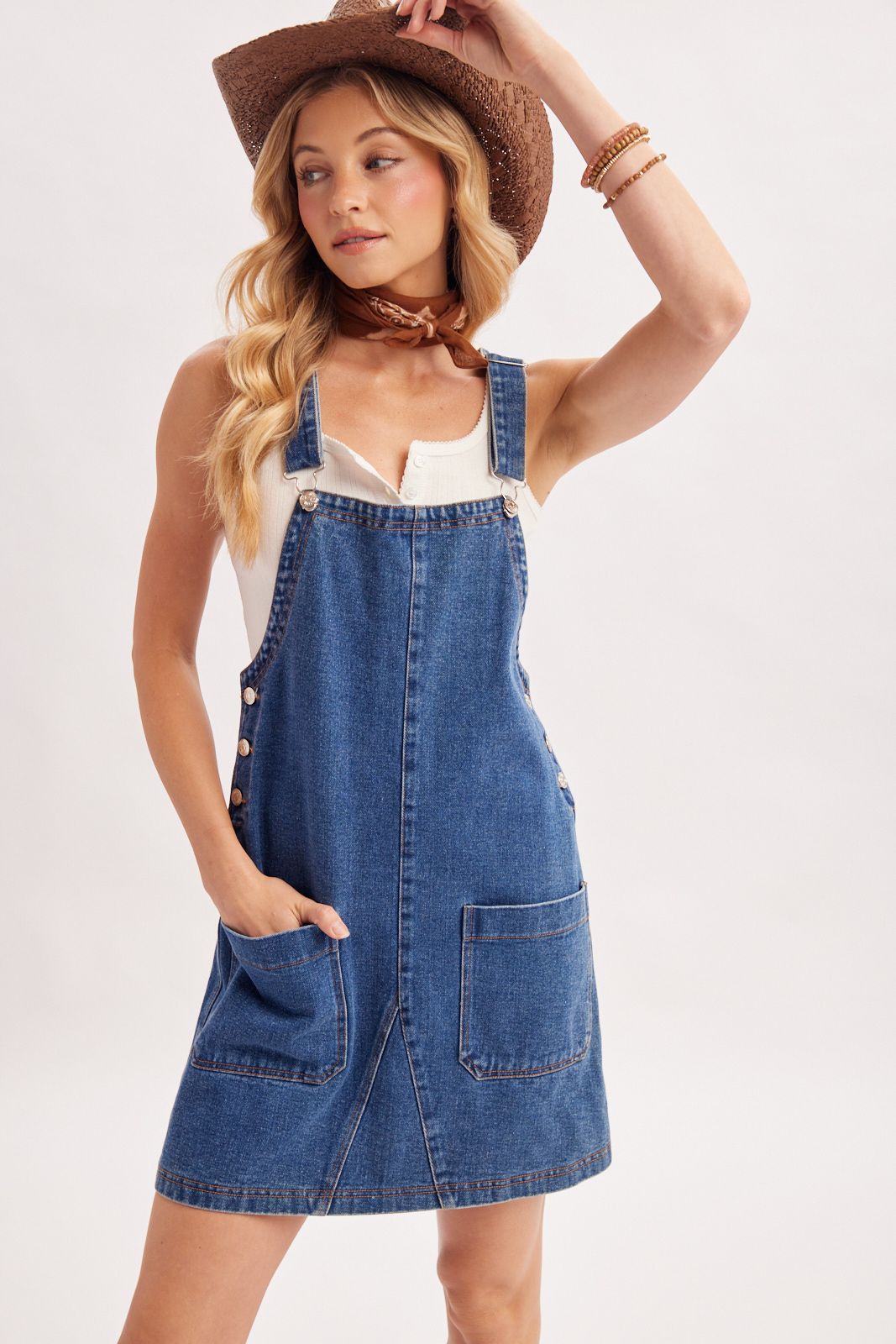 DENIM OVERALL MINI DRESS WITH POCKETS, Contents:100%COTTON