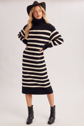 STRIPED KNIT TURTLE NECK MIDI SWEATER DRESS, Contents:50%VISCOSE, 28%POLYESTER, 22%NYLON
