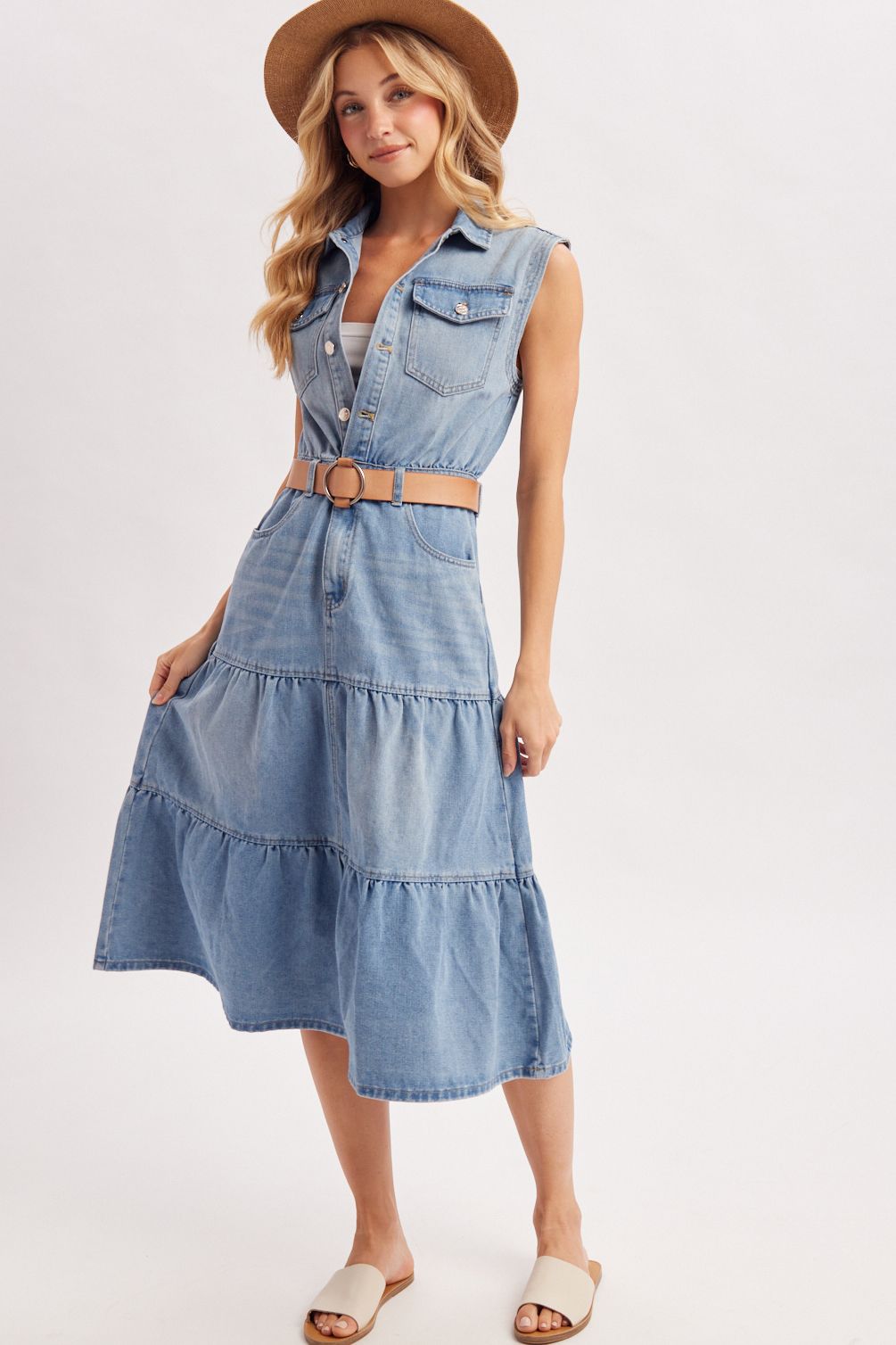 DENIM SLEEVELESS SHIRT TIERED MIDI DRESS, Contents:80%COTTON, 20%POLYESTER