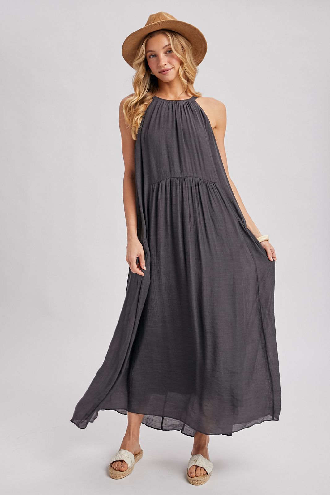 GATHERED HALTER NECK FLOWY MAXI DRESS, Contents:SELF:80%POLYESTER, 20%RAYON. LINING:100%POLYESTER.