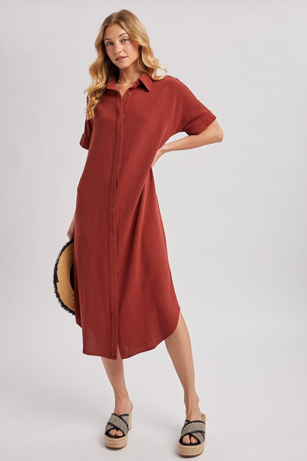 BUTTON DOWN SHIRT MIDI DRESS WITH POCKETS, Contents:70%RAYON, 30%LINEN