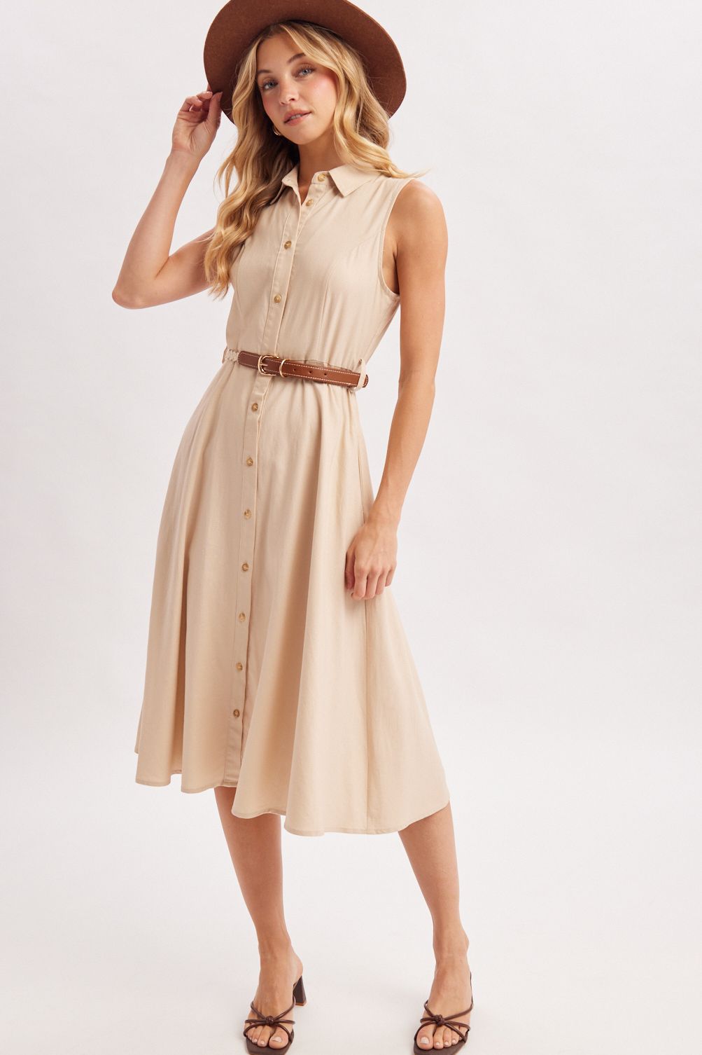 BUTTON DOWN SLEEVELESS BELTED SHIRT MIDI DRESS, Contents:70%RAYON, 30%LINEN